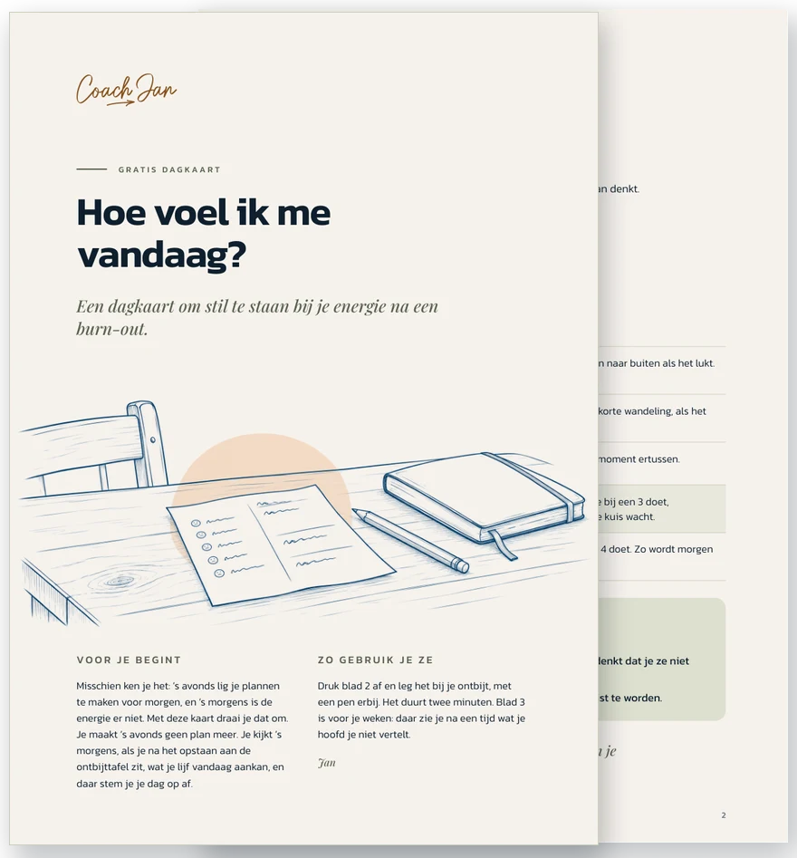 De kaft van de dagkaart Hoe voel ik me vandaag?, met een tekening van een blad met vijf cijfers, een potlood en een schrift op een tafel, en daarachter de kaart zelf.